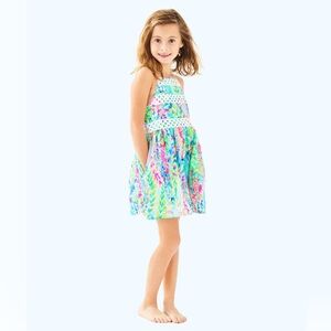 Lilly Pulitzer Girl’s Elize Catch the Wave Pink Teal Print Cotton Dress Size 12